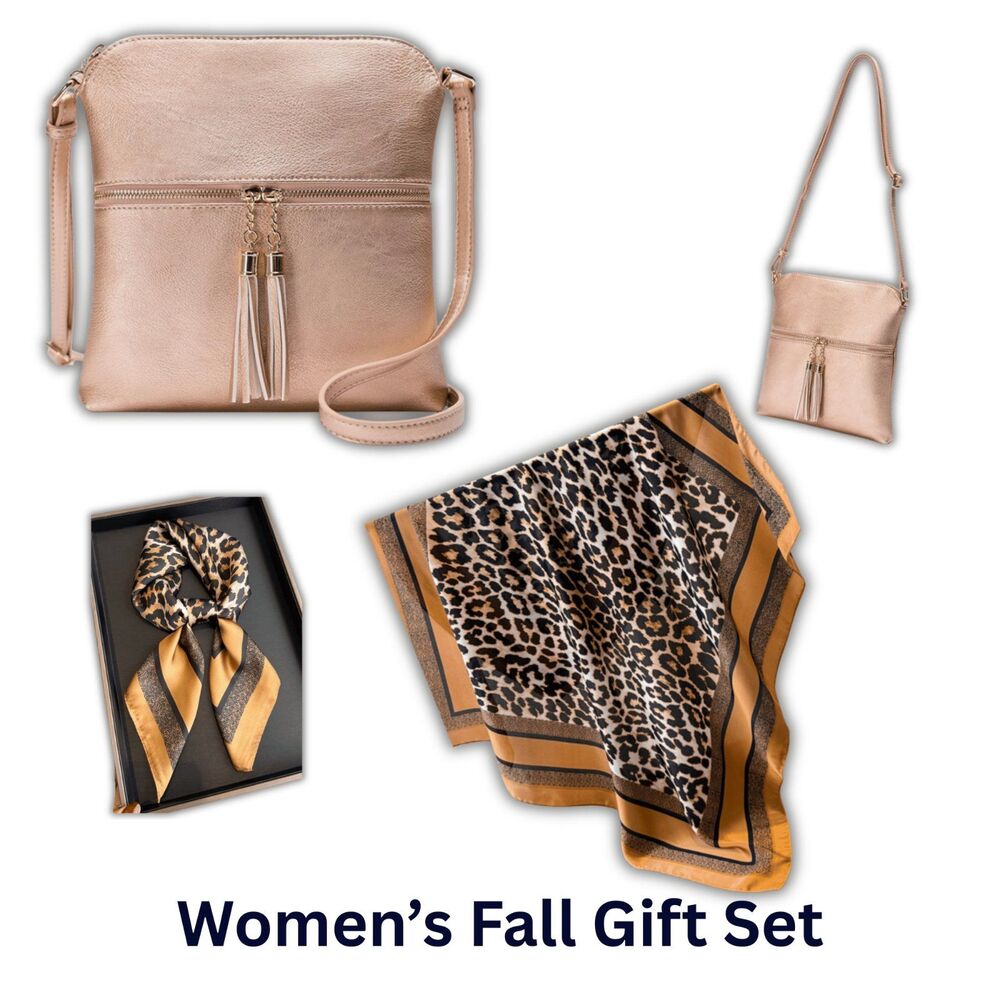 Women's Fall Gift Set Bundle Crossbody Bag & Leopard Print Scarf Rose Gold Purse